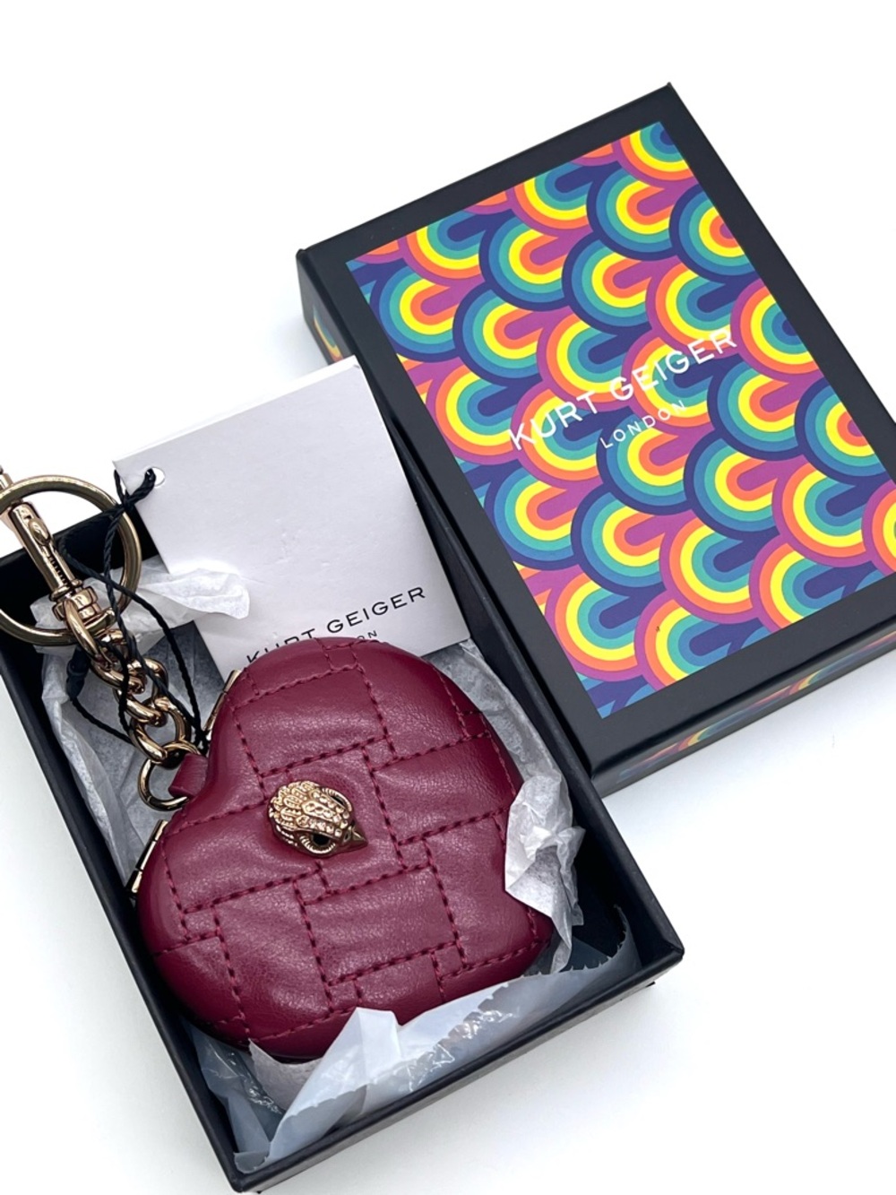 Kurt Geiger Kensington Heart Mirror Red Quilted Keychain NWT Box